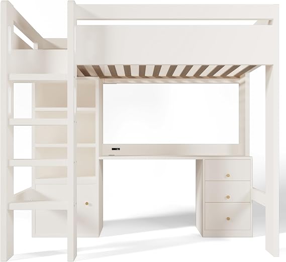 Wall Bed Murphy Bed with Desk, White Pull Down Bed Frame, Fold Down Bed with Storage Cabinet & Charging Ports, Space-Saving All-in-One Sleeping & Workspace Solution, 90x190cm