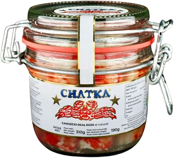 Chatka Red King Crab, Wild Caught, Preserved in Glass Jar, 60% Legs and Shredded Meat (190 gram)