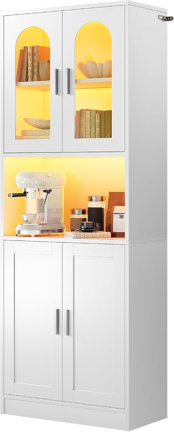 YITAHOME Tall Kitchen Cabinet, Glass Doors & LED Lighting, Microwave Stand