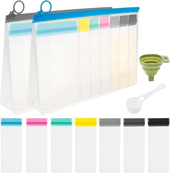 25Pcs Protein Powder Travel Container Set,Reusable Protein Powder Container to Go with 21Pcs Single Dose Bags & 2Pcs Large Zip Bags,Portable Supplement Storing with Funnel Spoon
