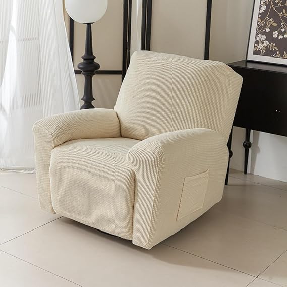 Chickwin Recliner Chair Cover 1/2/3 Seater, Jacquard Elastic Recliner Sofa Covers with Pockets, for Armchair Electric Chair Living Room Furniture Protector Pets (Cream,Double Seat)