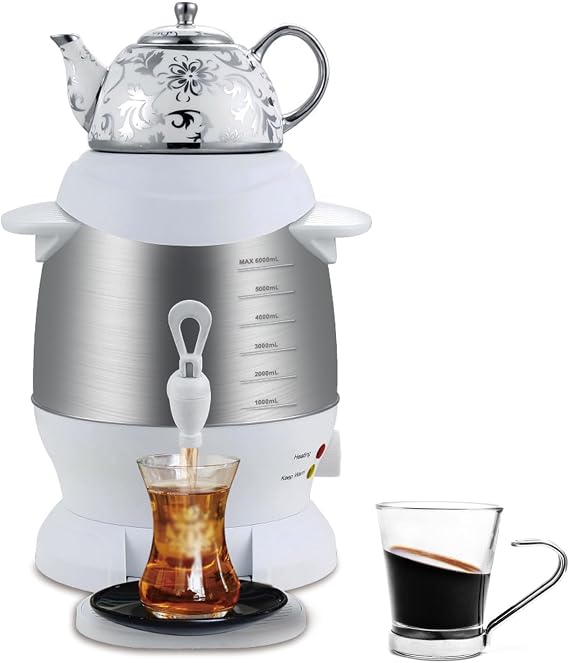 Electric Samovar Tea Maker, 1800W with 5L Stainless Steel and 1L Ceramic Teapot, Keep Warm Function for Coffee and Scented Tea