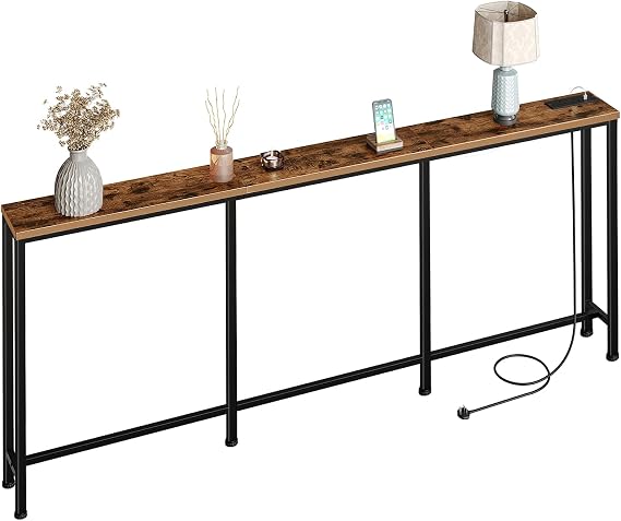 CHOEZON 200 cm Narrow Console Table with Power Outlet, 18 cm Skinny Sofa Table, Long Behind Couch Table with Charging Station, for Entryway, Hallway, Living Room, Rustic Brown and Black DTXG20KBF