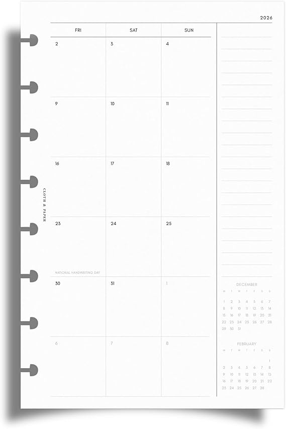 2026 Dated Monthly Planner Inserts | Monday Start | Half Letter