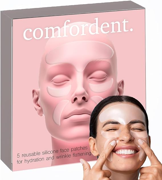 Reusable Silicone Face Patch Set - 5 Wrinkle Patches for Overnight Fine Line & Crease Flattening - Forehead, Under-eye and Smile Lines Repair - Adjustable Anti-Slip Earloop Buckle Straps (4)