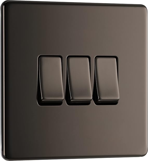 BG Electrical Triple Wall Light Switch, 2 Way, Screwless Front Plate, Slim Profile, Premium Flatplate, Black Nickel, 20A, 16AX, FBN43