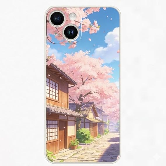 対応 iPhone 13 mini ケース 和柄 桜 街角 陽光 小店 強化ガラス スマホケース 鏡面 ガラス アイフォン13 mini ケース おしゃれ ハード カバー 耐衝撃 薄型 ワイヤレス充電対応 ストラップホール付き 携帯ケース プレゼント ギフト（桜町の古道）