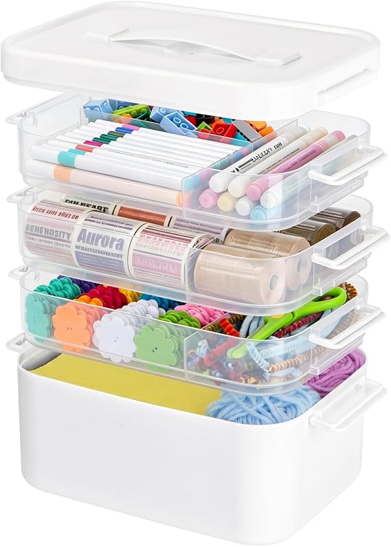 Creahaus 4 Layers Multipurpose Storage Box Organiser with Removable Trays, Stackable Art Craft Storage Box Case with Handle, Portable Medicine Box Storage Containers for Sewing, Arts, Crafts