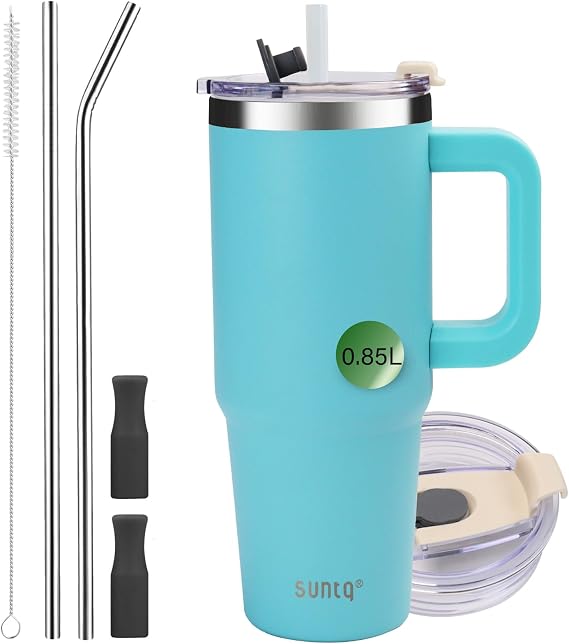 SUNTQ 30oz Tumbler with Handle, Double Wall Vacuum Insulated Water Bottle with Straw and Lid, Stainless Steel Travel Coffee Mug, Reusable Thermal Cup for Beverages, Fit in Cup Holder(Light Blue)