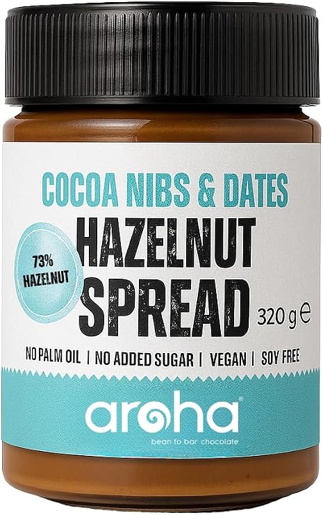 Aroha Hazelnut Spread with Cocoa Nibs & Dates, 73% Hazelnuts, No Palm Oil, No Added Sugar, Vegan, Soy-Free, Gluten-Free, Smooth & Healthy – Perfect for Breakfast, Snacks & Baking – 320g