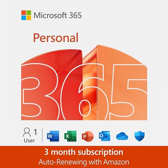 Microsoft 365 Personal | 3 Months with autorenew subscription with Amazon | 1 Person | 1TB cloud storage | AI Office Apps | 3-Month Subscription