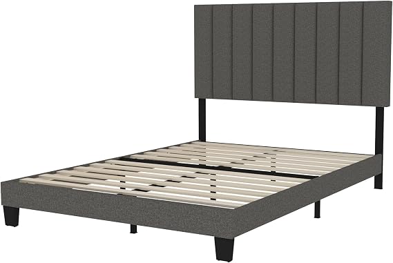 Queen Size Upholstered Platform Bed Frame with Short Headboard/Mattress Foundation Dark Grey