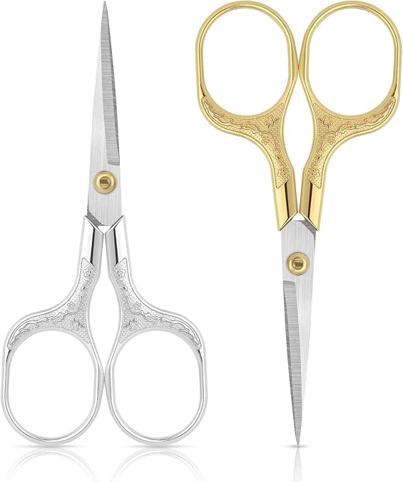 Small Embroidery Scissors,Set of 2 Sewing & Craft Scissors for Precision Cutting,Stainless Steel Fabric Paper Scissor,Gold & Silver