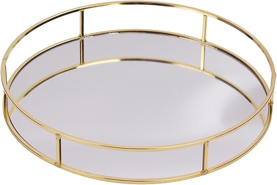 OHS Mirror Tray Round Decorative Tray Mirrored Glass Metal Trays, Gold