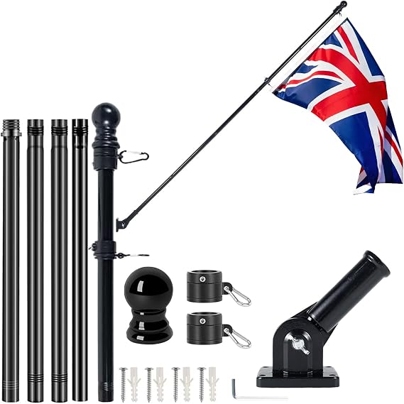 6FT Flag Pole Kit for Outside House with Bracket, Heavy Duty Stainless Steel Metal Flagpole Set, Adjustable Garden Yard Outdoor Wall Mount Flag Pole with Union Jack UK Flag(5ft x 3ft), Black