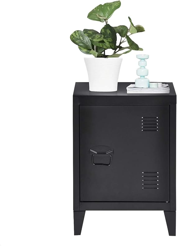 FurnitureR Industrial Metal Nightstand, Steel Bedside Cabinet with Door, Compact Night Table for Bedroom Storage, Black