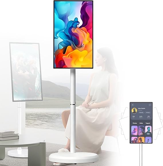 Touchscreen Portable TV 21.5"/24"/27"/32", Smart Mobile TV, Rotatable Outdoor TV with 13MP Camera, Adjustable TV Floor Stand for Indoor/Outdoor Movie, Video Call, Gaming(24inches,8GB+128GB)