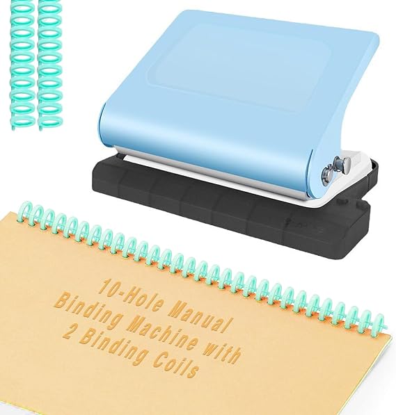 10-Hole Manual Binding Machine for Office & Study - Portable A4/30Hole, B5/26Hole, A5/20Hole Punch, 8 Sheet Metal Paper Binder with 2 Binding Coils, Blue
