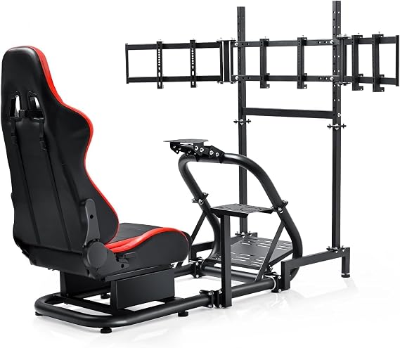 Dardoo Racing Simulator Cockpit with Triple Monitor Stand and Red Seat Fit for Logitech G29 G920 G923, for Thrustmaster T500RS TX, for Fanatec CSL-DD, No Steering Wheel,Pedal,Handbrake