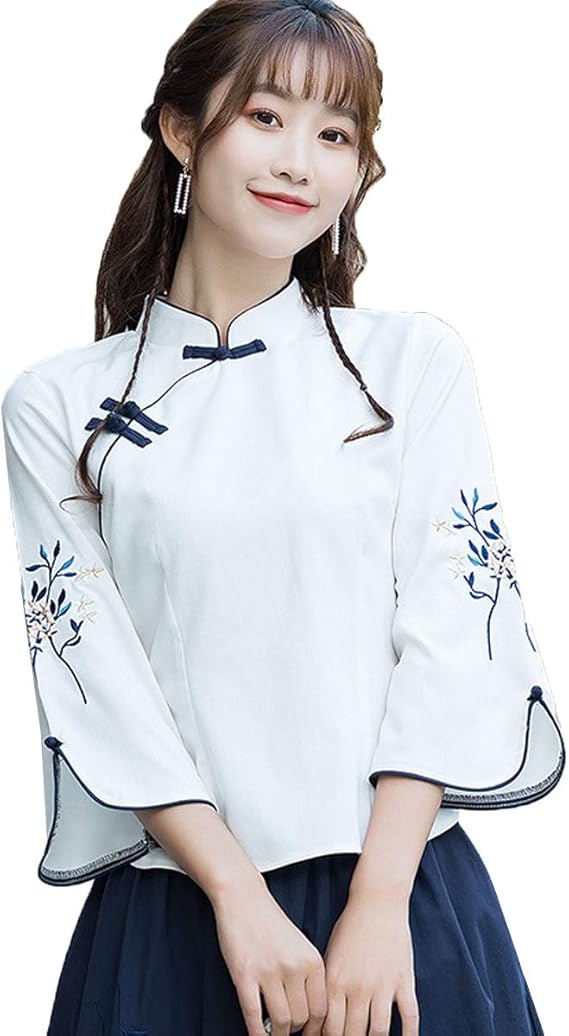 JINPIN China Clothing, China, Shirt, Blouse Top, Women's Chinese Shirt, Ethnic Costume, Tea Clothing, Qipao, Chinese-style, Cotton Linen, Embroidery, Chinese Style, Floral Pattern, Cut and Sewn,