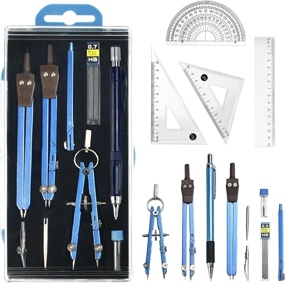 13 Pack Maths Geometry Set, Aluminum Alloy Ruler Set Geometry Compass Sets