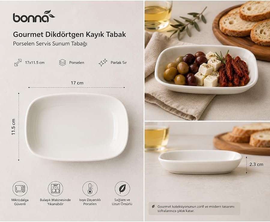 Bonna Gourmet Dikdörtgen Kayık Tabak, Porselen, Beyaz, İç Mekan Kullanımı için, 17x11.5 cm