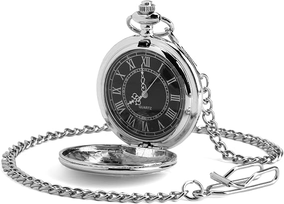 Pocket Watch for Men Quartz Pocket Watch with Black Dial and Chain Stylish Modern Men Pocket Fob Watches Vintage Steel Roman Numerals Classic Smooth Personalised Pocket Watch for Birthday Anniversary