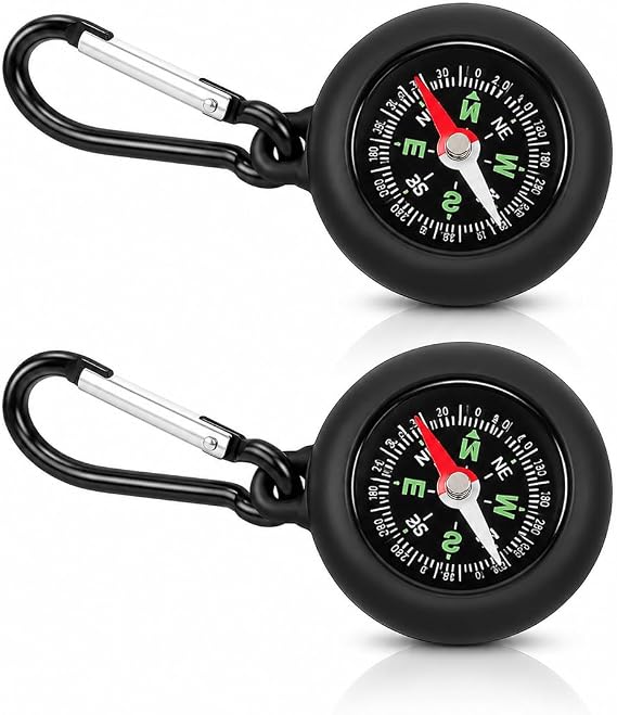2PCS Portable Compass with Keychain and Carabiner Clip, Pocket Hiking Compass for Navigation and Outdoor Travel, Durable Waterproof Orienteering Tool for Camping, Backpacking, Adventure Use