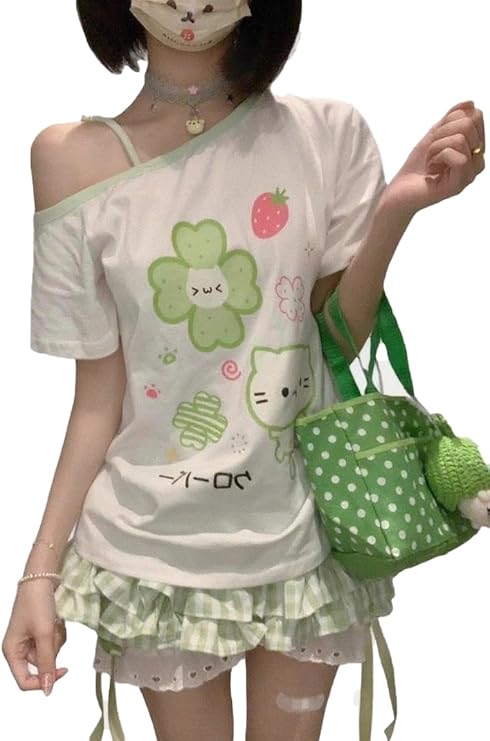 Y2k 原宿 カートゥーンプリント Tシャツ ゴシック 女性 キュートコアシャツ ファッション オフショルダー Tシャツ カワイイ スウィート ガールズ Tシャツ トップス
