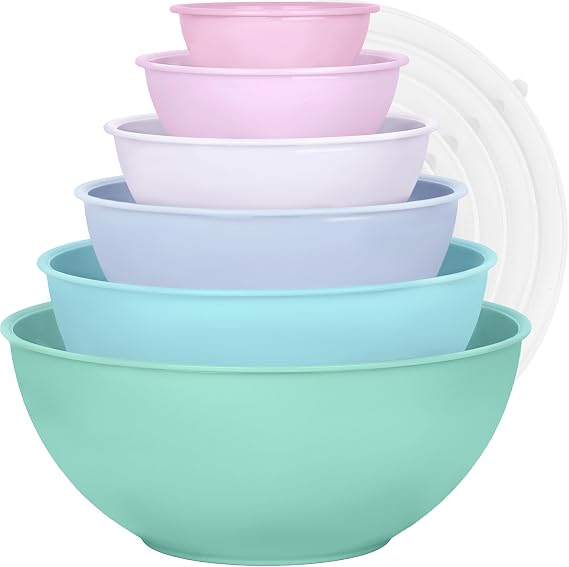 BoxedHome Salad Bowl with Lid 12 Pieces BPA-Free Plastic Pink Green Subtle matte surface dishwasher safe stackable bowl set 70% space saving for camping baking and cooking