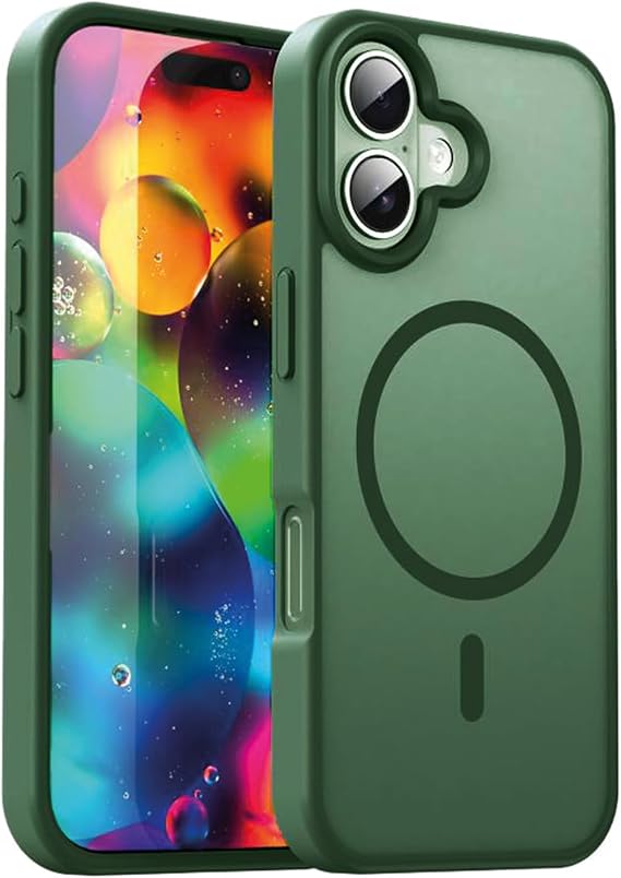 URUCHI Güçlü Manyetik Telefon Kılıfı, [Mag-Safe ile Uyumlu] [Askeri Düzey Düşme Koruması] [Güçlü Silikon Kenarlar] İnce Yarı Saydam Mat Koruyucu Kılıf (Koyu Yeşil, iPhone 17)