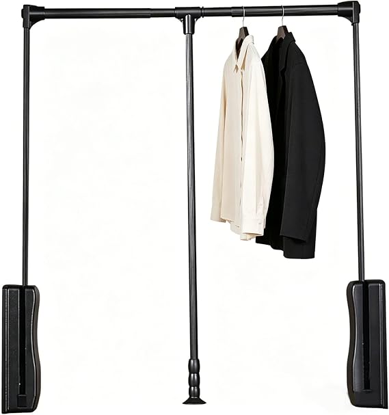 Pull Down Wardrobe Rail, Lift Wide Adjustable Aluminium Retractable Cabinet Rail Lifter Hanger Organizer Storage System Buffer Return Space Saving Weight Capacity Black-930to1250mm