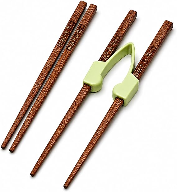 Chopstick Helper Training Set - Easy-to-Use Learning Chopsticks for Adults, Auto-Return Design with Silicone Trainer for Hand Tremor & Arthritis Assistance (2 Pairs Wooden Chopsticks)