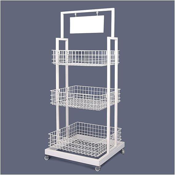 Generisch Süpermarketler ve ofisler için üç katlı atıştırmalık vitrin rafı, sebze, meyve ve tatlılar için mobil raf sistemi, tekerlekli saklama ünitesi (beyaz, 55 x 55 x 145 cm)