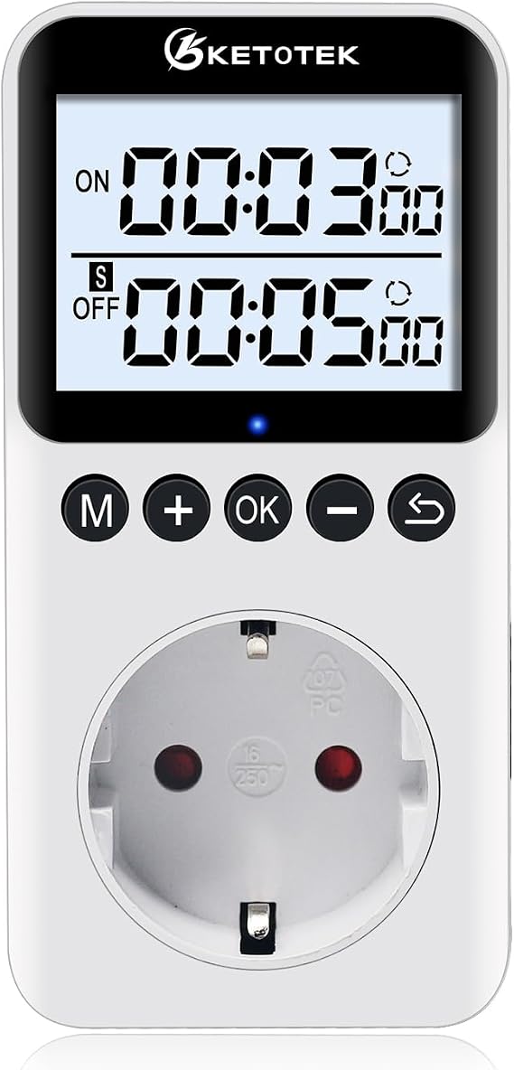 KETOTEK KTTS02 Digital Timer Socket with Continuous Cycle Countdown Timer with Backlight for Lamps Aquarium Christmas Decoration (16A 230V 3680W)