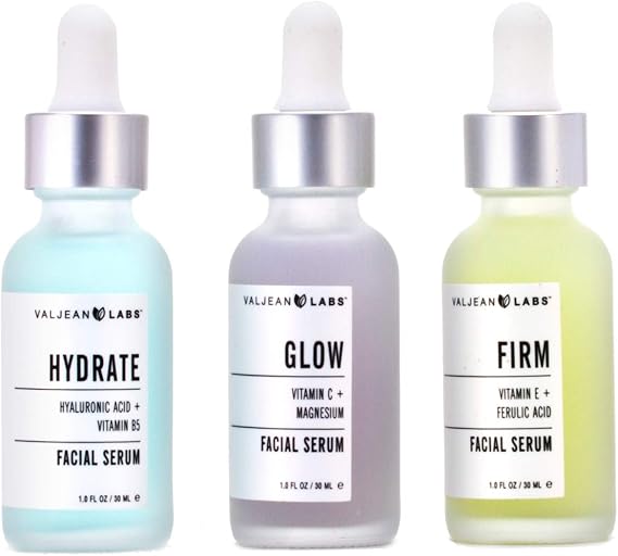 Valjean Labs Facial Serum, Combo Pack of Hydrate, Glow, and Firm (1oz Bottles)