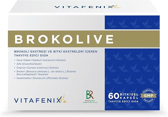 Vitafenix Brokolive 125 mg Brokoli Ekstresi (Sülforafan) - Kolin - Deve Dikeni Enginar Karahindiba Ekstreleri ve Alfa-GPC İçeren 60 Bitkisel Kapsül