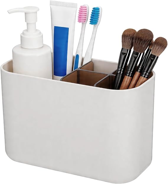 Wall Mounted Toothbrush Holder, Multifunctional Bathroom Storage Organizer Box with Removable Divider, No Drill Installation for Cosmetics, Toiletries, White Plastic Holder, 6.73 x 3.54 x 4.41 in