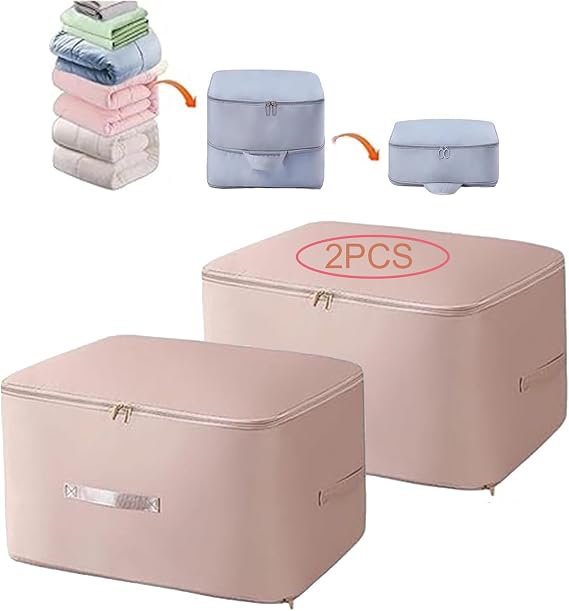 Ultra Space Saving Self Compression Organizer, Heavy Duvet Storage Bag Fold Large Capacity Self Compression Moving Organizer Bags for Comforters, Clothes, Blankets (Pink-2PCS, XL (54 * 42 * 60CM))