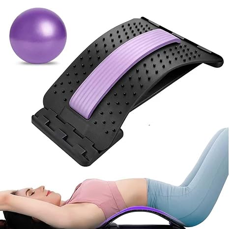 Back Stretcher for Lower Back Comfort, Multi-Level Adjustable Lumbar Support Board, Gentle Back Extension Device for Muscle Relaxation & Spinal Flexibility with Extra Yoga Ball