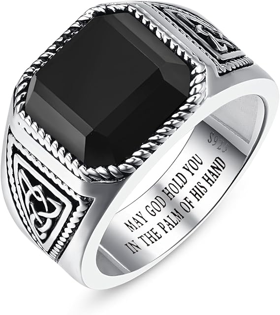 Bonlavie Celtic Knot Signet Ring for Men, Square Cut Black Onyx Ring, 925 Sterling Silver Mens Engagement Rings Thumb Ring Obsidian Ring Chunky Rings Size N-X1/2