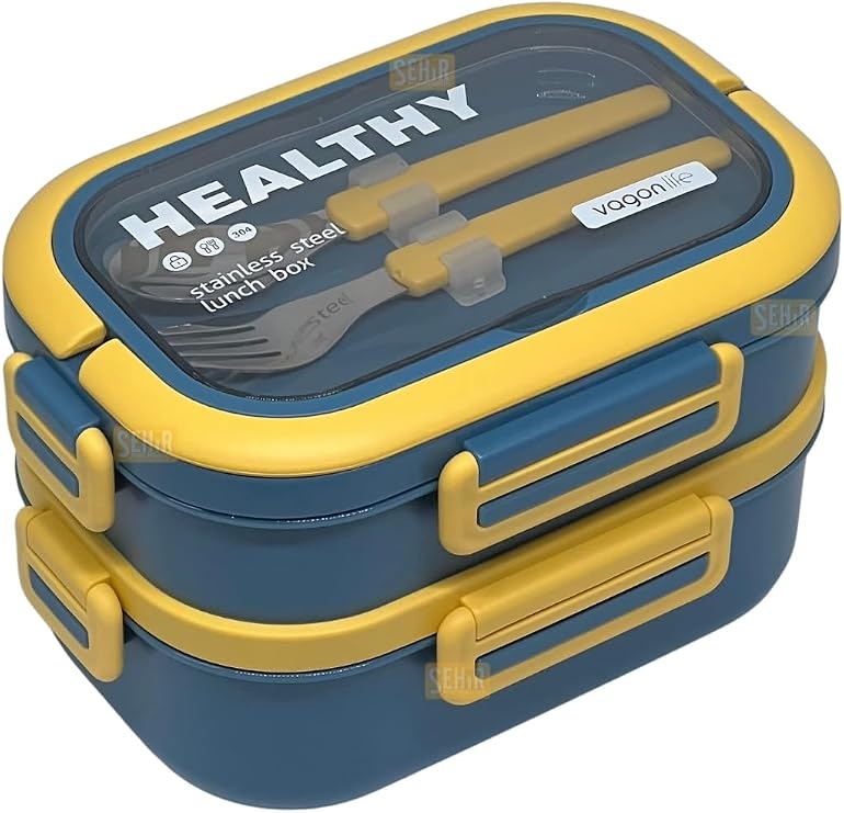 Vagonlife Bento 1650ml Lunchbox 2 Katlı 3 Bölmeli Paslanmaz Çelik Sefer Tası Yemek Kutusu (Lacivert)