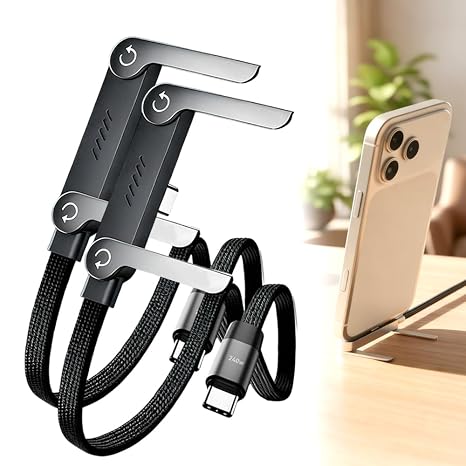 Drkicsy 2-in-1 Invisible Holder Charger Cable, Type-C to Type-C 240W Fast Charging Cord with Built-in Phone Stand, Foldable Stand Data Cable USB-C Cords Multi-Functional Charger Cords (2PCS Black)