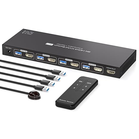 8K HDMI KVM Switch 4 Computers 4K144Hz EDID 4 Port KVM for 4 PC Sharing 1 Monitor and 4 USB 3.0 Devices with Remote Control