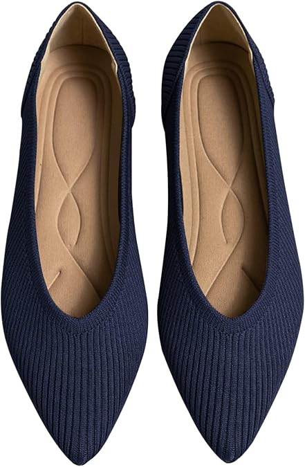 TINGRISE Women's Flats Shoes Pointed Toe Knit Ballet Comfortable Dressy Slip On Flat Navy 6UK