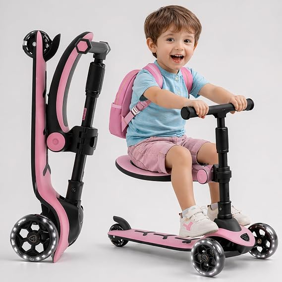 3 Wheel Scooter with Seat for Kids with LED Light Up Wheels, Easy Foldable Toddler Scooter, Adjustable Height Handlebar Up To 77 cm, Lean to Steer Design for Boys & Girls Aged 3+ Years - Pink