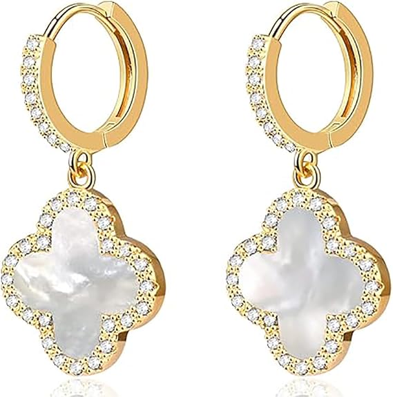 Lucky Clover Earrings, Gold Dangle Hoop Earrings, Dainty Drop Dangle Earrings for Women,18K Gold Plated Four Leaf Clover Hoop Earrings Simple Lucky Drop (White,One Size)