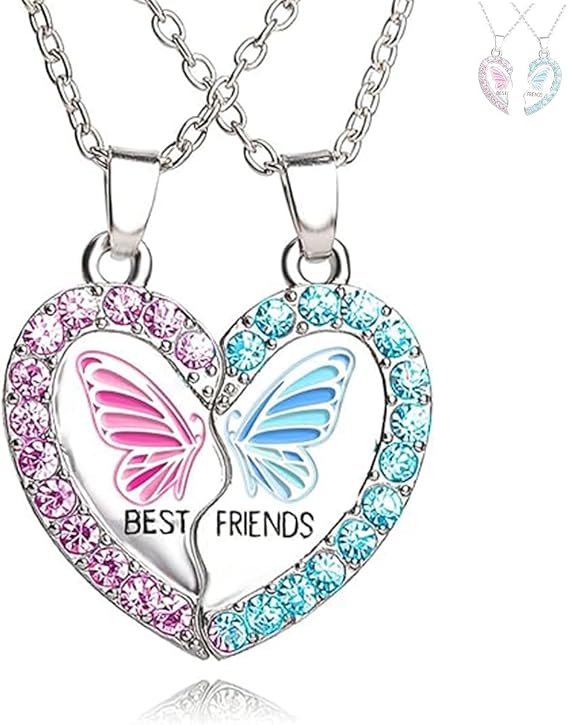 BFF Necklace for 2,Best Friend Necklaces with Heart shape Butterfly Pendant Matching Friendship Necklaces Girl Gifts Kids Jewellery for Women Graduation Birthday Christmas Valentines Gifts