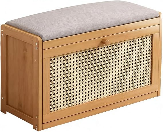 Shoe Storage Bench with Cushion, Bench with Storage Cabinet 2 Tier Entryway Rack with Adjustable Shelf & Linen Seat Cushion,Adjustable Shoe Organizer Cabinet (50cm)