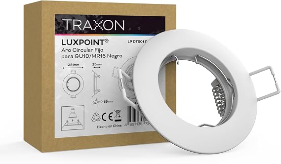TRAXON LUXPOINT® Fixed Circular Ring DT001 for GU10 LED Bulb Frame Aluminium+PC, Ceiling Cut Ø60mm (White Fixed Circle, Pack 10 Units)